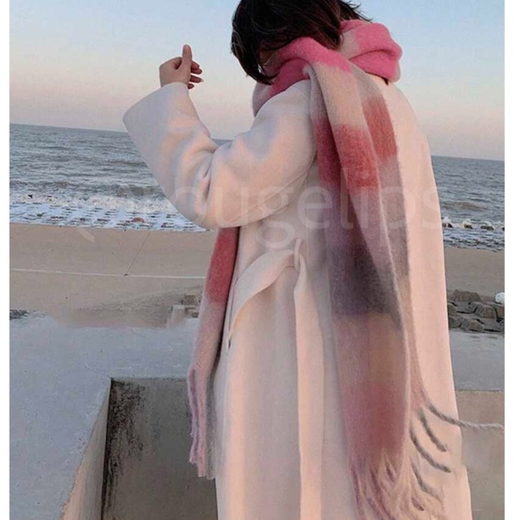 Colorblock Plaid Pastel Colors Wide Scarf Shawl Pink Beige Tan Cream Fringe - Picture 3 of 6